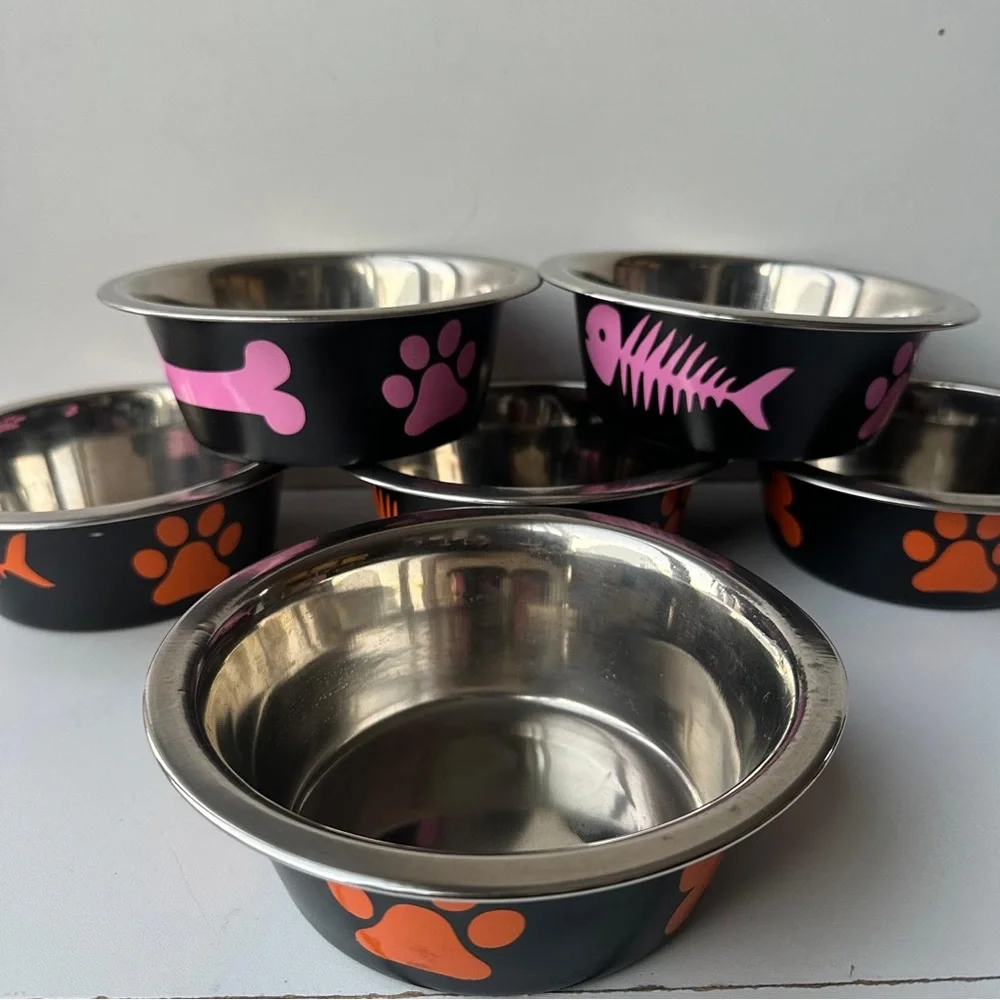 ONLY Black & Pink Dog Bowls Paw Print Bone Pet Food Water Dish OS